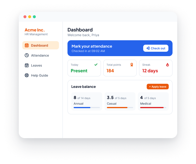 HR Management dashboard showing attendance and leave balances